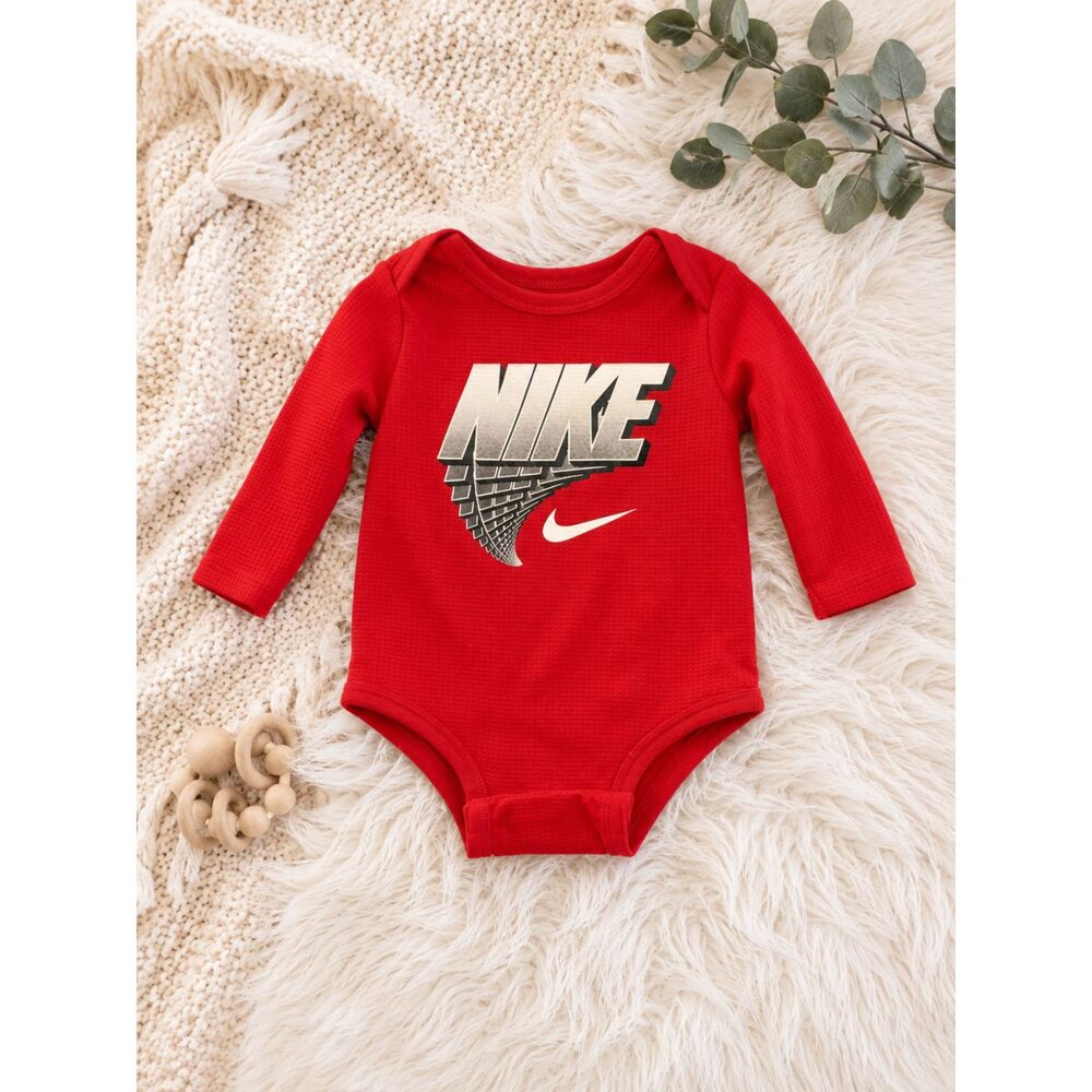 Nike Baby Red Waffle Knit Long Sleeve Bodysuit Onesie Infant Unisex